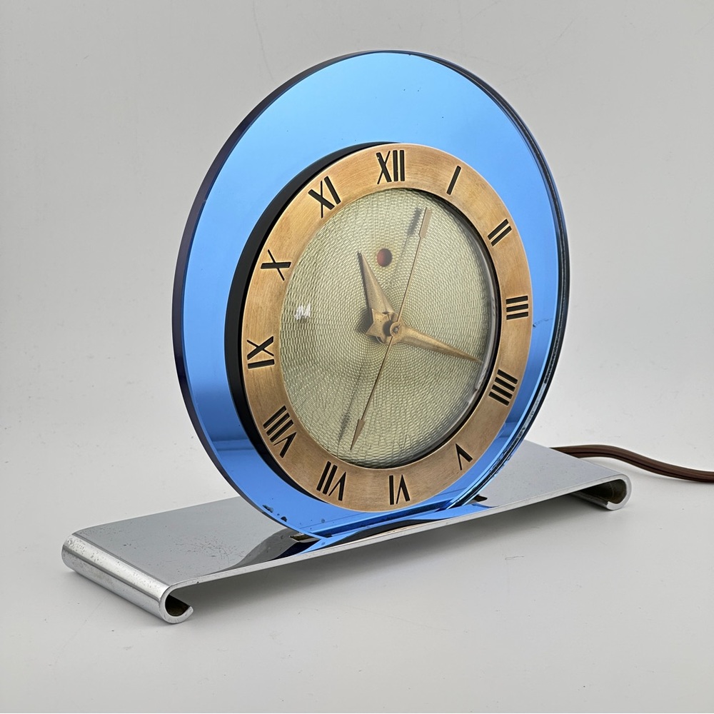 1935 Telechron Art Deco Electric Clock with Cobalt Blue Mirror